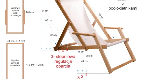 Drewniany leżak ogrodowy z podłokietnikami i zaznaczonymi wymiarami oraz regulacją oparcia.