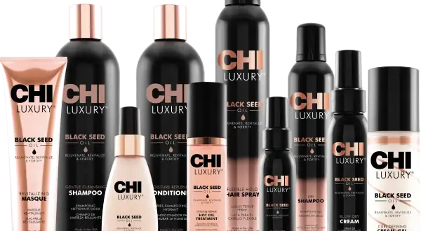 Linia kosmetyków CHI Luxury z olejkiem z czarnuszki na włosy: szampon, odżywka, maska, suchy olejek, suchy szampon, spray do włosów, krem do stylizacji i żel do loków.