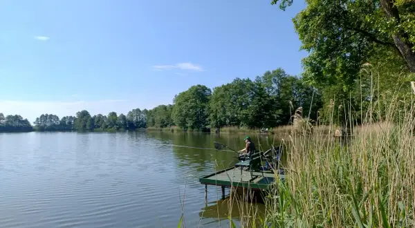 Wędkarz na pomoście nad spokojnym zalewem w Nowym Mieście. Otoczenie zieleni i błękitne niebo tworzą sielski krajobraz.