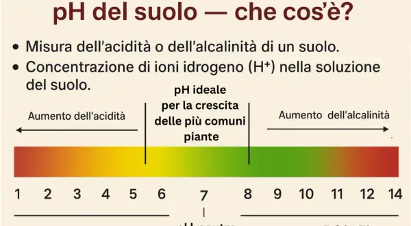 Scala pH del suolo: da acido a alcalino, con zona ideale per le piante. Utile per capire come misurare il pH del terreno.