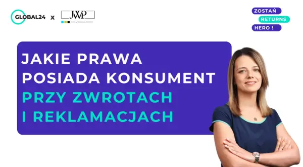 Kobieta z uśmiechem i napis "Jakie prawa posiada konsument przy zwrotach i reklamacjach". Dowiedz się o swoich prawach konsumenta.