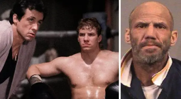 Sylvester Stallone och en ung boxare, kanske Tommy Morrison, bredvid en mugshot av en äldre man.