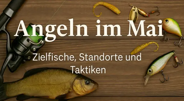 Angel-Ausrüstung und ein Fisch liegen auf Holz. Text: Angeln im Mai. Zielfische, Standorte und Taktiken.