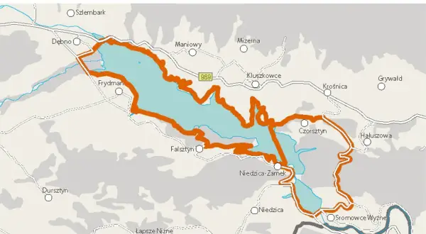Mapa szlaków rowerowych wokół Jeziora Czorsztyńskiego. Pomarańczowa linia wyznacza trasę Velo Czorsztyn, prowadzącą przez malownicze miejscowości.