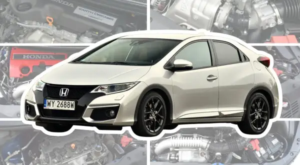 Srebrny Honda Civic 9 z czarnymi felgami i detalami, otoczony zdjęciami silnika.