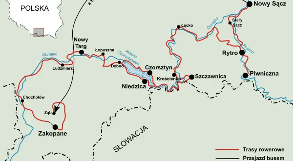 Mapa przedstawia velo dunajec trasa z Zakopanego przez Nowy Targ, Czorsztyn do Nowego Sącza.