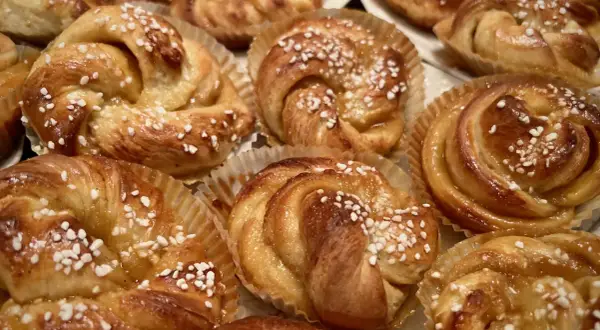 Gyllene vaniljbullar med pärlsocker, redo att avnjutas. Ett perfekt vaniljbullar recept för fikat.