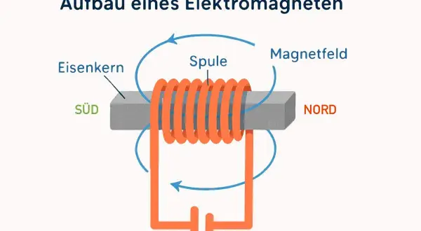 Aufbau eines Elektromagneten: Eisenkern mit Spule, Magnetfeld, Süd- und Nordpol. Ein einfacher Stromkreis erzeugt das Magnetfeld.