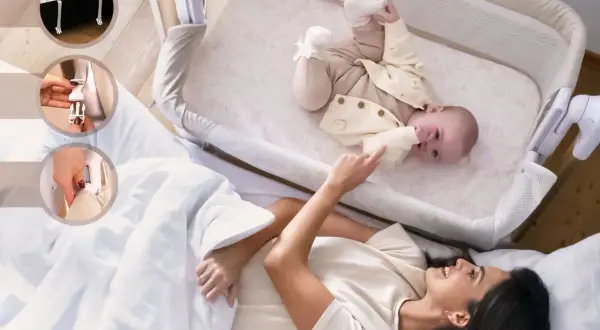 Mama i dziecko w łóżeczku. Kołyska automatyczna ułatwia opiekę, mocowana do łóżka rodziców.