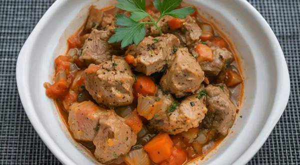Sabroso estofado de carne de cerdo con tomate de la abuela, trozos tiernos de carne en una salsa casera con cebolla y perejil.