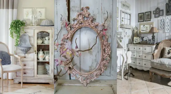 Uroczy salon w stylu shabby chic: biała komoda, ozdobna rama, krzesło z wikliny i stylowe dodatki tworzą przytulną atmosferę.