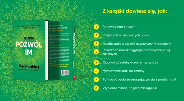 Okładka książki "Teoria Pozwól Im" Mel Robbins z wypunktowanymi wskazówkami.