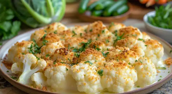 Un plat de gratin de chou-fleur doré et gratiné, parsemé de persil frais. Un délice réconfortant.