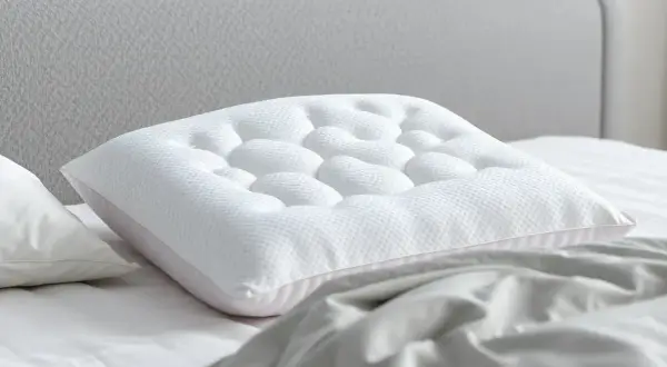A white pillow with a textured surface rests on a bed, showing how a pillow should support you with its unique design for ultimate comfort.