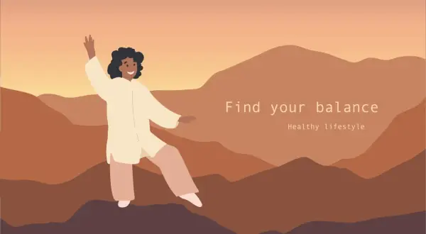 Donna pratica tai chi tra le montagne al tramonto, trovando il suo equilibrio per uno stile di vita sano.