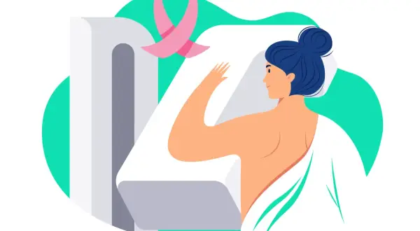 Une femme se soumet à un examen de mammographie, symbolisé par le ruban rose, pour son bilan sénologique.