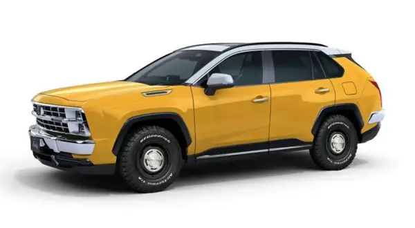Żółty SUV z chromowanymi elementami i terenowymi oponami. Wygląda jak połączenie nowoczesnego auta z klasycznymi autami buddy.