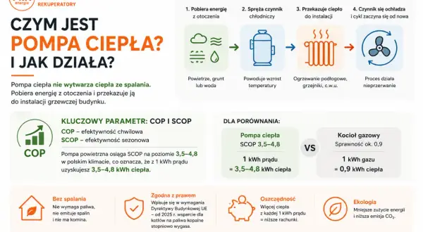 Pompa ciepła pobiera energię z otoczenia, spręża czynnik, przekazuje ciepło do ogrzewania, a następnie cykl się powtarza. Jest to ekologiczne i oszczędne rozwiązanie.