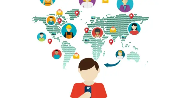 Globalny **network** ludzi połączonych przez smartfon. Ikony osób i kopert na mapie świata symbolizują komunikację.