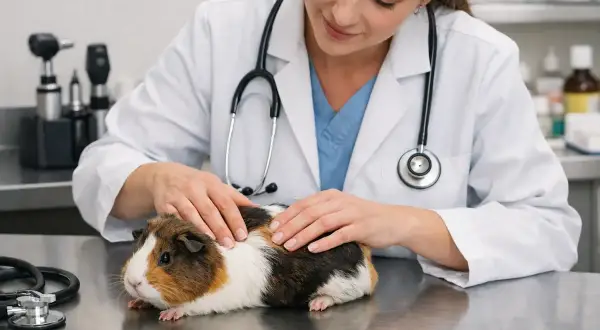 Vétérinaire examinant un cochon d'Inde, peut-être pour un cas de constipation. Le rongeur est sur une table métallique.
