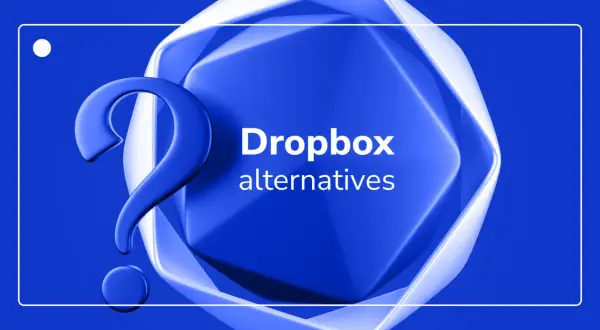A large blue question mark hovers over a stylized, abstract blue shape. Text reads "Dropbox alternatives.