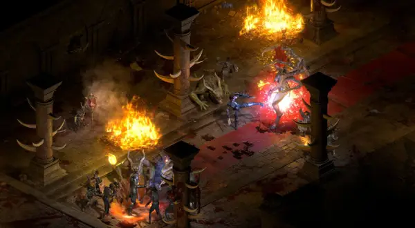 Wojownicy walczą z potworami w płomieniach i mroku, to scena z diablo 2 resurrected patch.