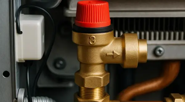 Zawór bezpieczeństwa w piecu gazowym, z czerwoną nakrętką, to kluczowy element chroniący instalację.