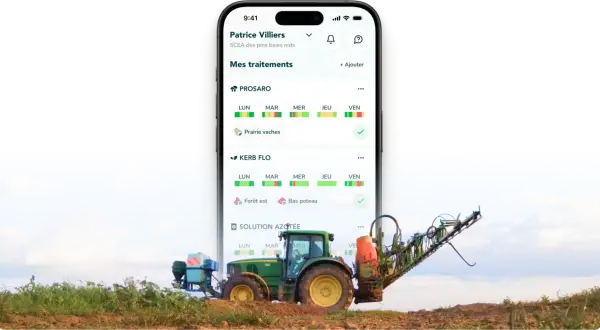 Aplikacja rolnicza na telefonie pokazuje plan zabiegów dla traktora John Deere z opryskiwaczem, np. PROSARO.