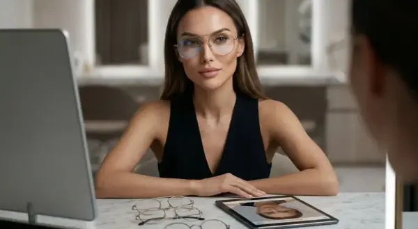 Elegancka kobieta w okularach przymierza kolejne modele, szukając idealnego dopasowania okularów do twarzy. Na stole leżą różne oprawki.