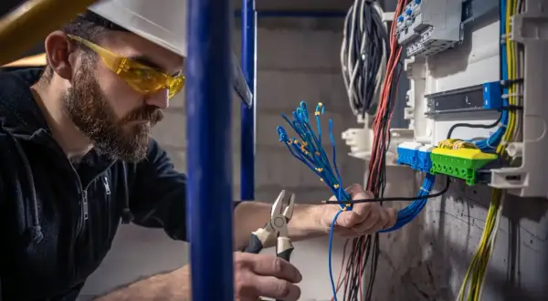 Elektryk w okularach ochronnych i kasku pracuje przy skrzynce z przewodami. Sprawdza, co daje sep g1, podłączając niebieskie kable.