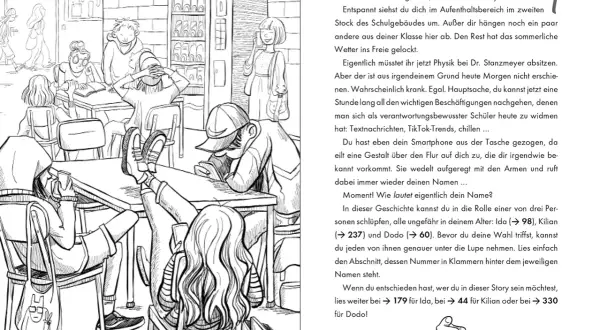 Schüler in einer Pause, die sich mit Handys beschäftigen. Ein Mädchen ruft: "Wort des Lebens Sekte!