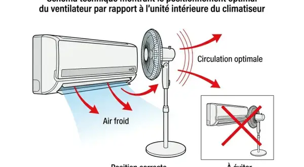 Schéma montrant le positionnement idéal d'un ventilateur pour une circulation d'air froid optimale avec un climatiseur. Évitez de placer le ventilateur directement devant l'unité.