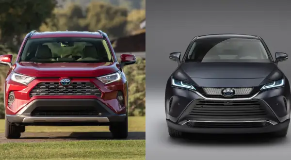 Dwa modele Toyoty: czerwony SUV na tle natury i ciemnoszary, elegancki Toyota Venza z przodu.