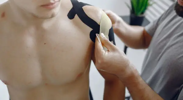 Fizjoterapeuta okleja taśmą bark mężczyzny, łagodząc ból barku po laparoskopii.
