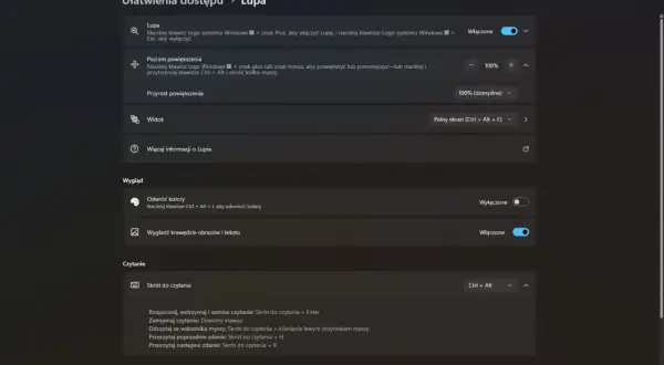 Ustawienia Lupy w systemie Windows: włączanie, powiększanie, widok, odwracanie kolorów i skróty do czytania.