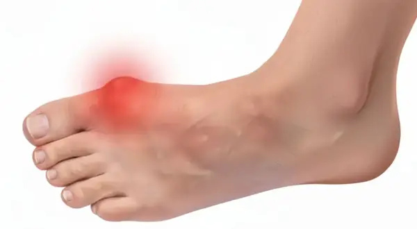 Piede con alluce valgo e arrossamento, indicativo di dolore alluce pressione.