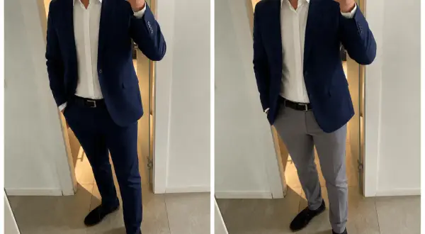 Mann im dunkelblauen Sakko mit weißem Hemd und dunkler Hose links, rechts mit grauer Hose.