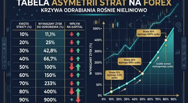 Tabela pokazuje, jak straty na forex wpływają na wymagany zysk do odrobienia. Kluczowe dla forex dla początkujących: 10% straty wymaga 11,1% zysku, 50% straty wymaga 100% zysku.