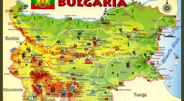 Mapa Bułgarii z zaznaczonym położeniem miast, zabytków i regionów. Widoczne są sąsiednie kraje: Rumunia, Serbia, Macedonia, Grecja i Turcja.