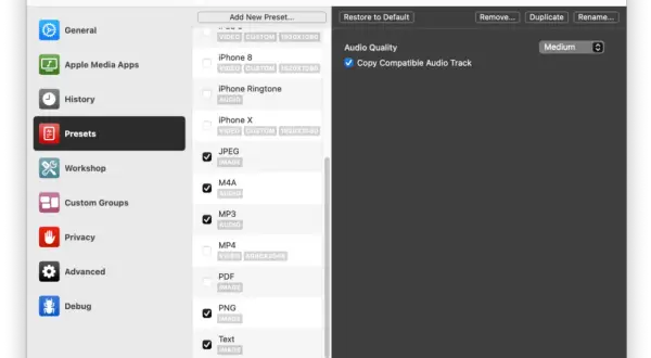 Macintosh settings showing presets, with MP3 audio selected and audio quality set to medium.