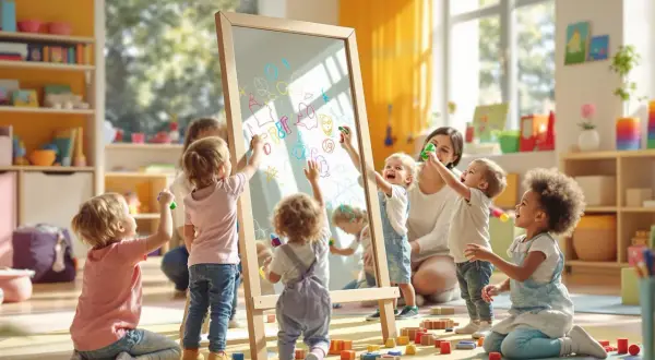 Dzieci malują na tablicy, a jedno niemowlę z zaciekawieniem patrzy w lustro, odkrywając siebie.