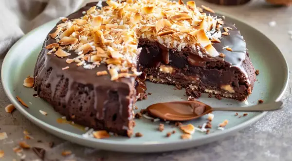 En saftig kladdkaka med sirap, täckt av chokladglasyr och rostad kokos. En sked med chokladsås ligger bredvid.
