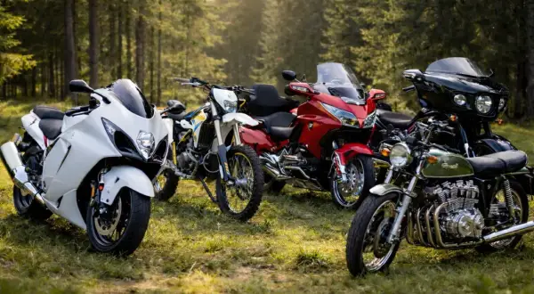 Różnorodne motocykle, od sportowych po turystyczne i klasyczne, stoją w lesie. Każdy z nich to rozdział w historii motocykla.