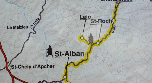 Carte du chemin de saint-jacques de compostelle 5 jours, montrant Le Malzieu, St-Alban, Fontans et Chanaleilles.