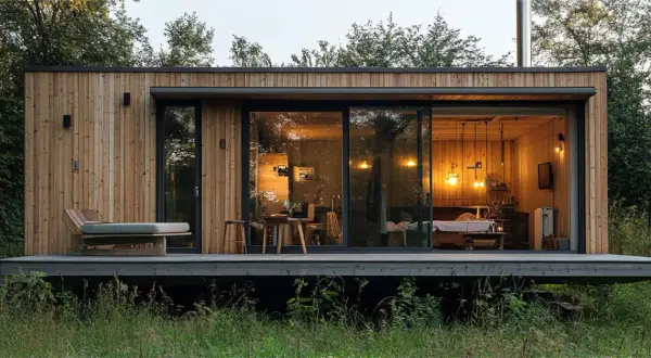 Acogedora tiny house de madera con grandes ventanales, un sofá exterior y un interior cálido iluminado por lámparas colgantes.