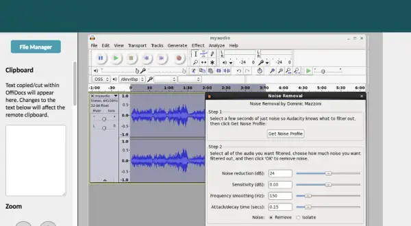 Edytor dźwięku Audiacity z oknem usuwania szumów. Użytkownik konfiguruje parametry redukcji hałasu.