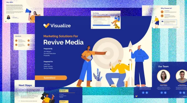 Proposal design ideas for Revive Media, showcasing marketing solutions, pricing, team expertise, and next steps.