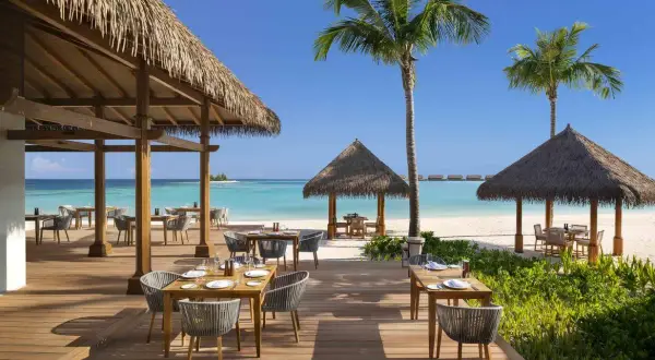 Idealna pogoda na Malediwach w styczniu: słoneczny dzień, turkusowa woda i restauracja na plaży.