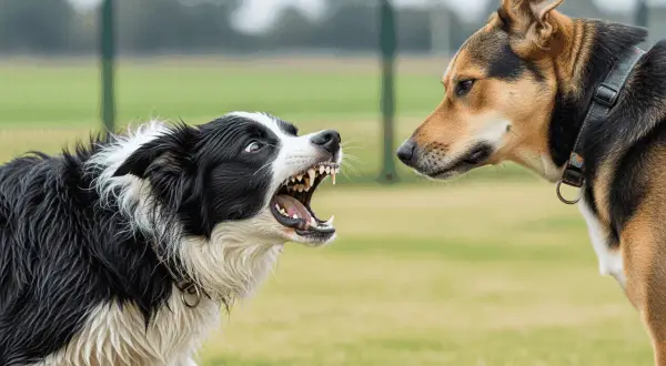 ¡Mi perro me gruñe y enseña los dientes! Un border collie negro y blanco se enfrenta a otro perro, mostrando sus colmillos en un momento tenso.