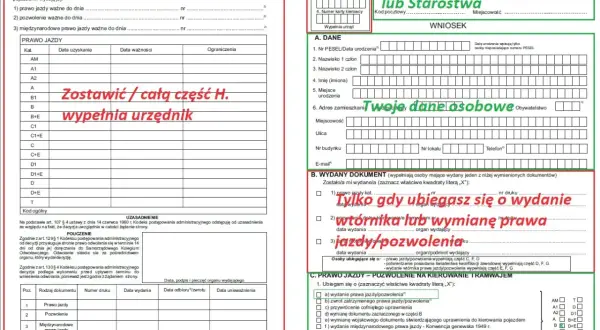 Fragment formularza wniosku o wydanie prawa jazdy z zaznaczonymi polami i odręcznymi notatkami.